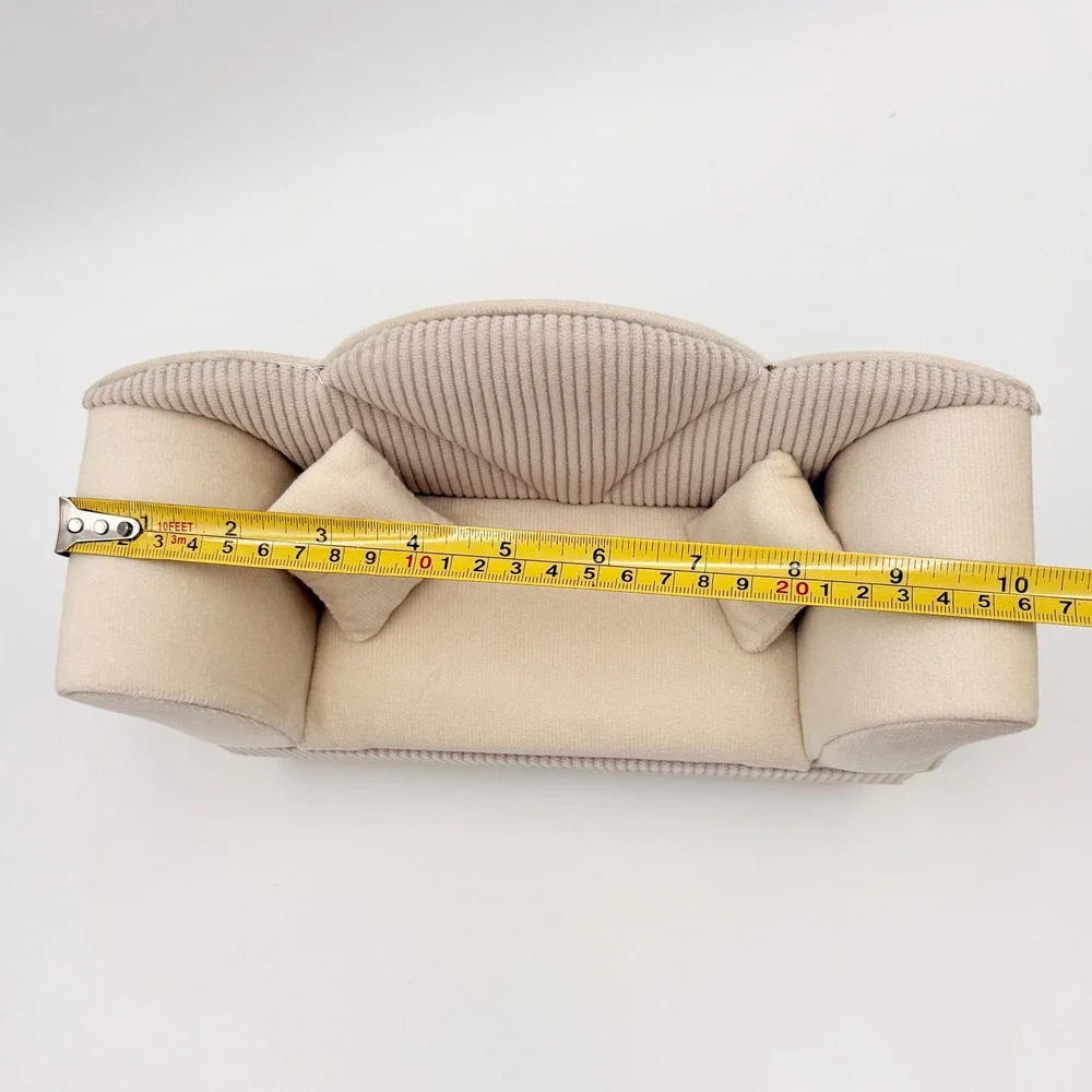 Cream Velvet Miniature Sofa Jewelry Box Scalloped Couch Trinket Organizer Mirror